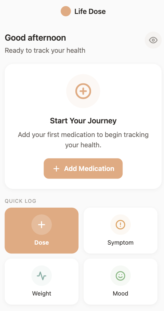 Life Dose app home screen showing medication tracking dashboard